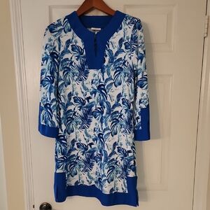 Cabana Life Blue Tunic Dress with V-Neck Cuffed Sleeves and 3/4 Length